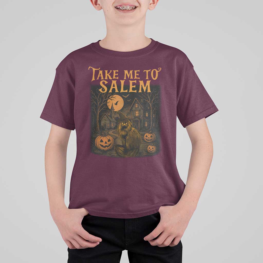 Take Me To Salem T Shirt For Kid Halloween Witch Salem Trip Black Cat Spooky Season - Wonder Print Shop