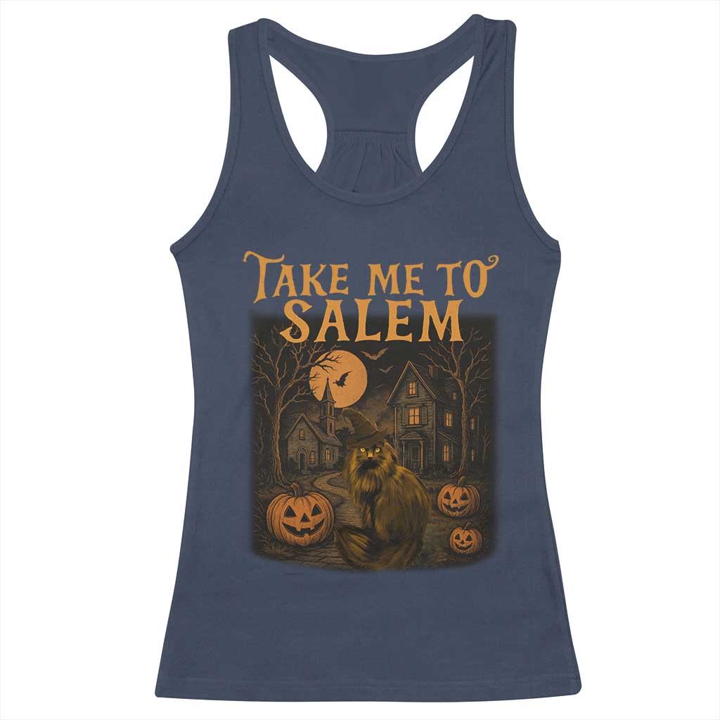 Take Me To Salem Racerback Tank Top Halloween Witch Salem Trip Black Cat Spooky Season - Wonder Print Shop