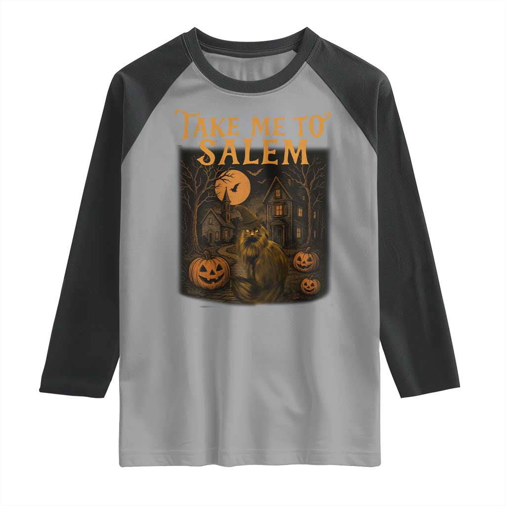 Take Me To Salem Raglan Shirt Halloween Witch Salem Trip Black Cat Spooky Season - Wonder Print Shop