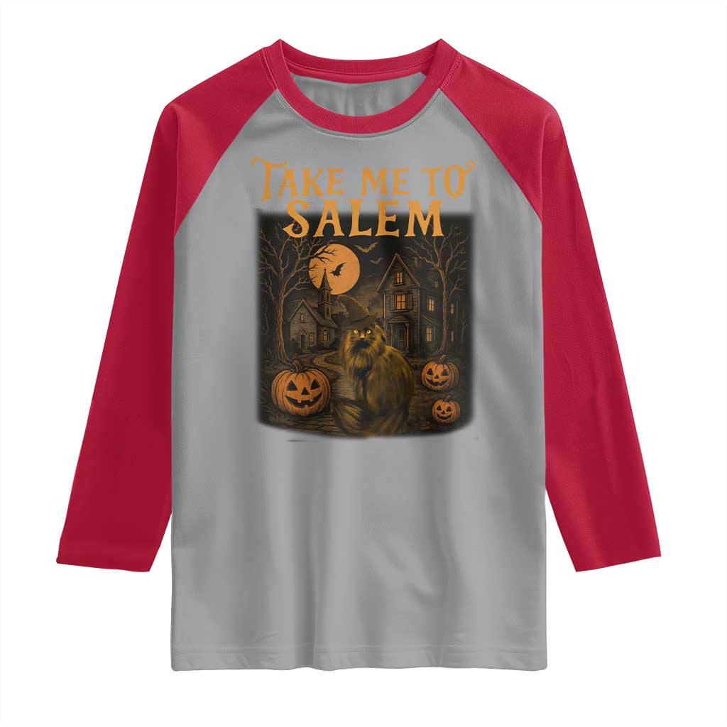Take Me To Salem Raglan Shirt Halloween Witch Salem Trip Black Cat Spooky Season - Wonder Print Shop