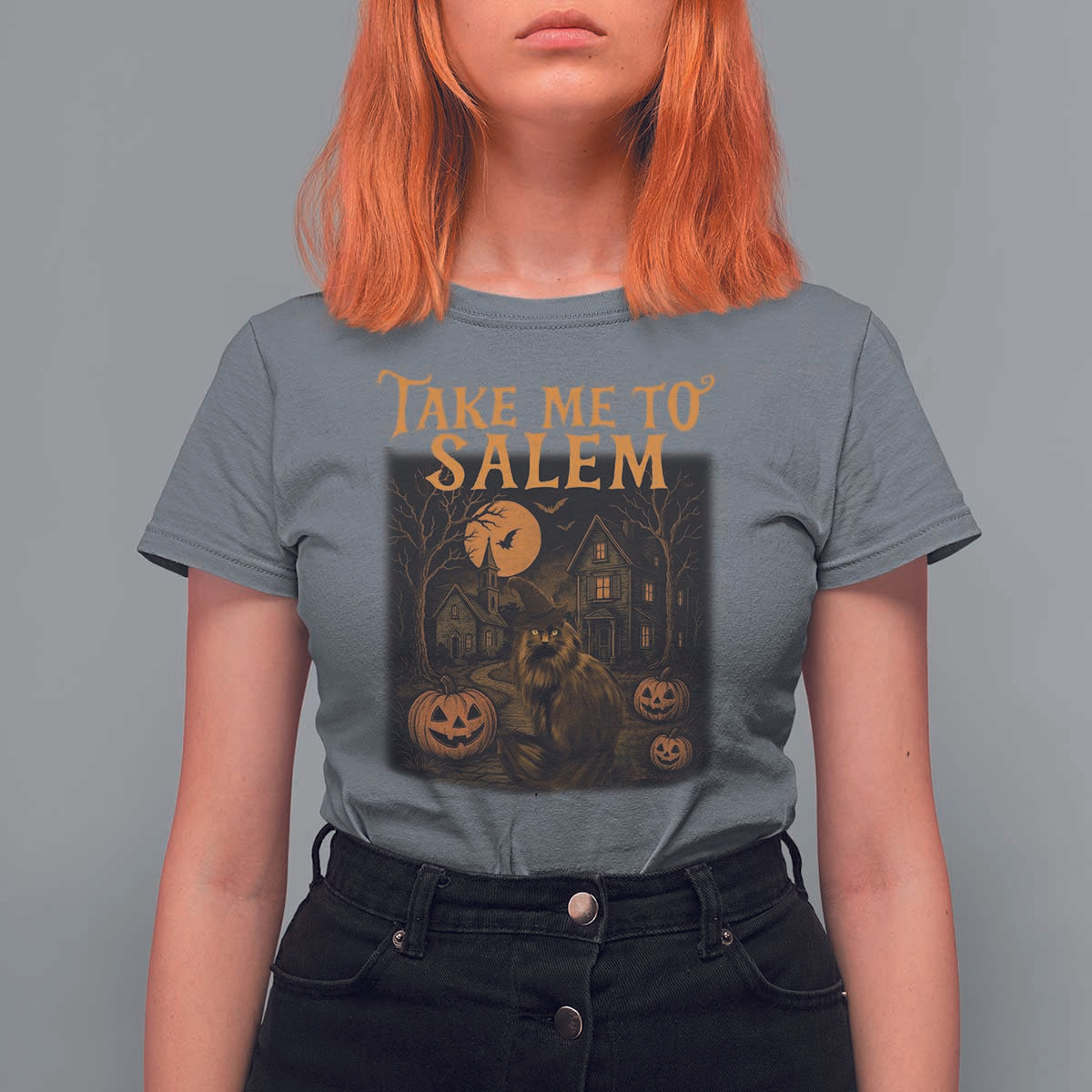 Take Me To Salem T Shirt For Women Halloween Witch Salem Trip Black Cat Spooky Season - Wonder Print Shop