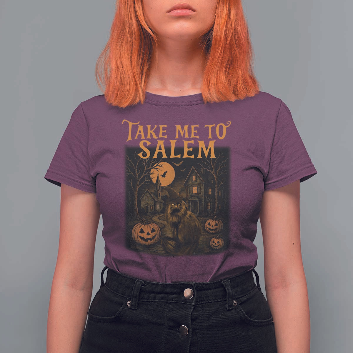 Take Me To Salem T Shirt For Women Halloween Witch Salem Trip Black Cat Spooky Season - Wonder Print Shop