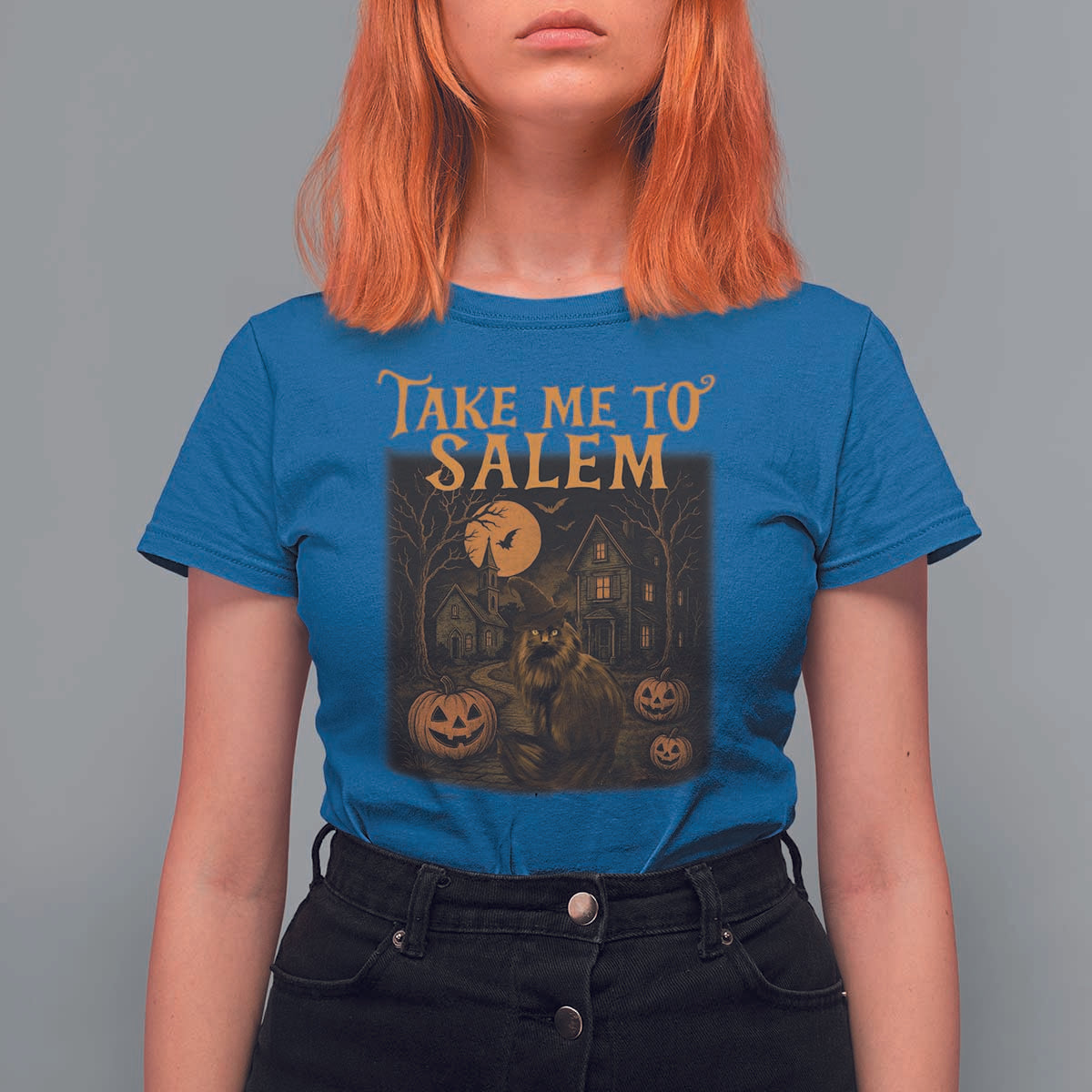Take Me To Salem T Shirt For Women Halloween Witch Salem Trip Black Cat Spooky Season - Wonder Print Shop