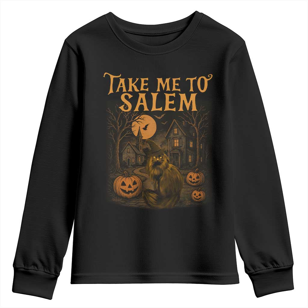 Take Me To Salem Youth Sweatshirt Halloween Witch Salem Trip Black Cat Spooky Season - Wonder Print Shop