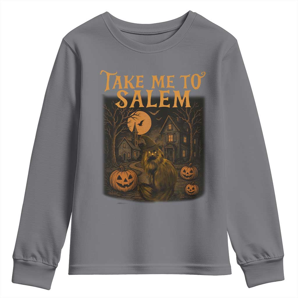 Take Me To Salem Youth Sweatshirt Halloween Witch Salem Trip Black Cat Spooky Season - Wonder Print Shop