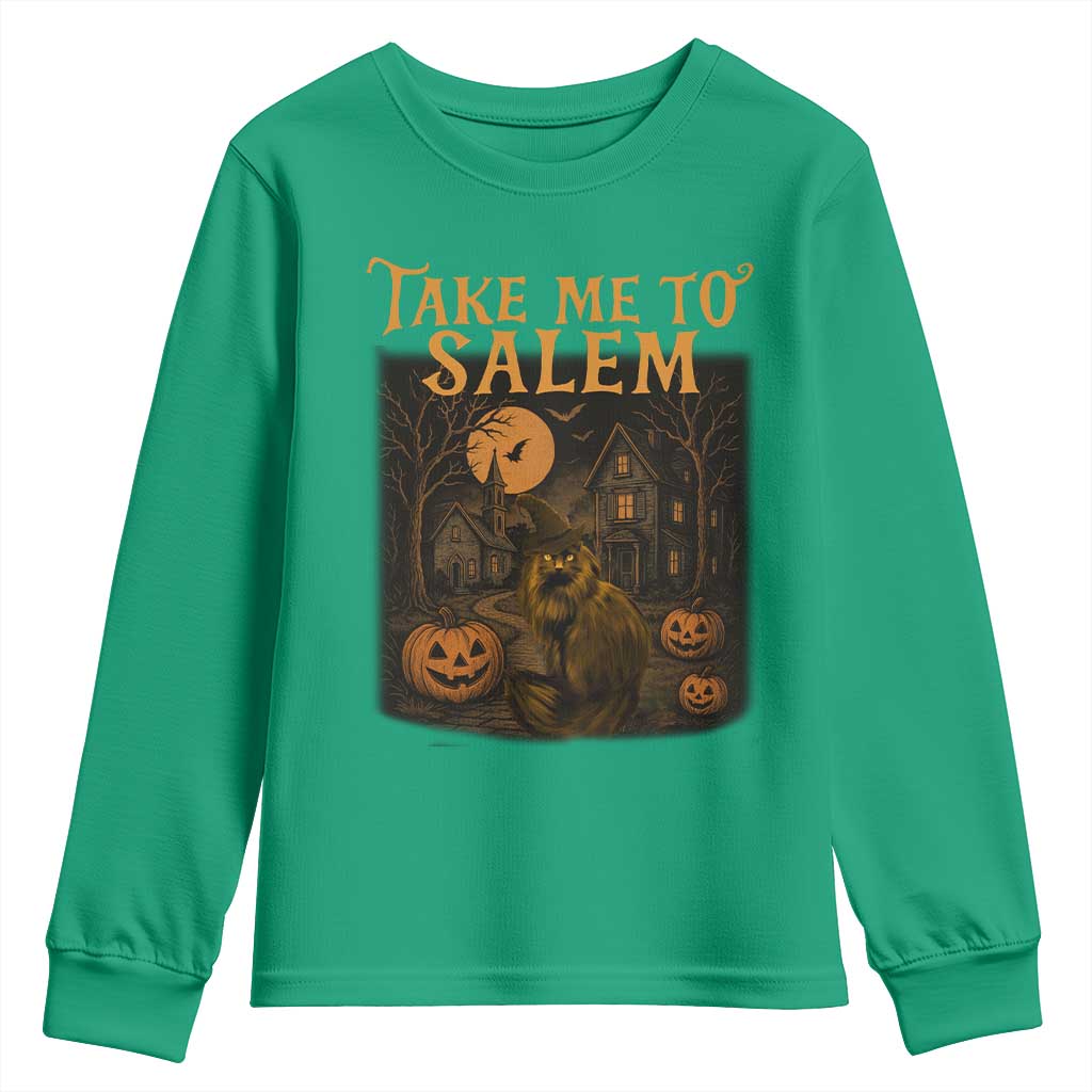 Take Me To Salem Youth Sweatshirt Halloween Witch Salem Trip Black Cat Spooky Season - Wonder Print Shop
