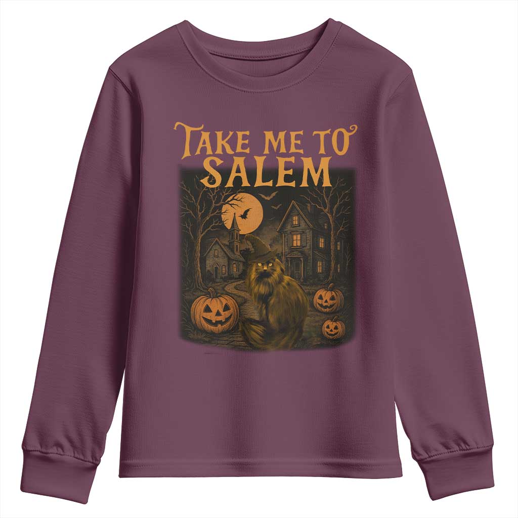 Take Me To Salem Youth Sweatshirt Halloween Witch Salem Trip Black Cat Spooky Season - Wonder Print Shop