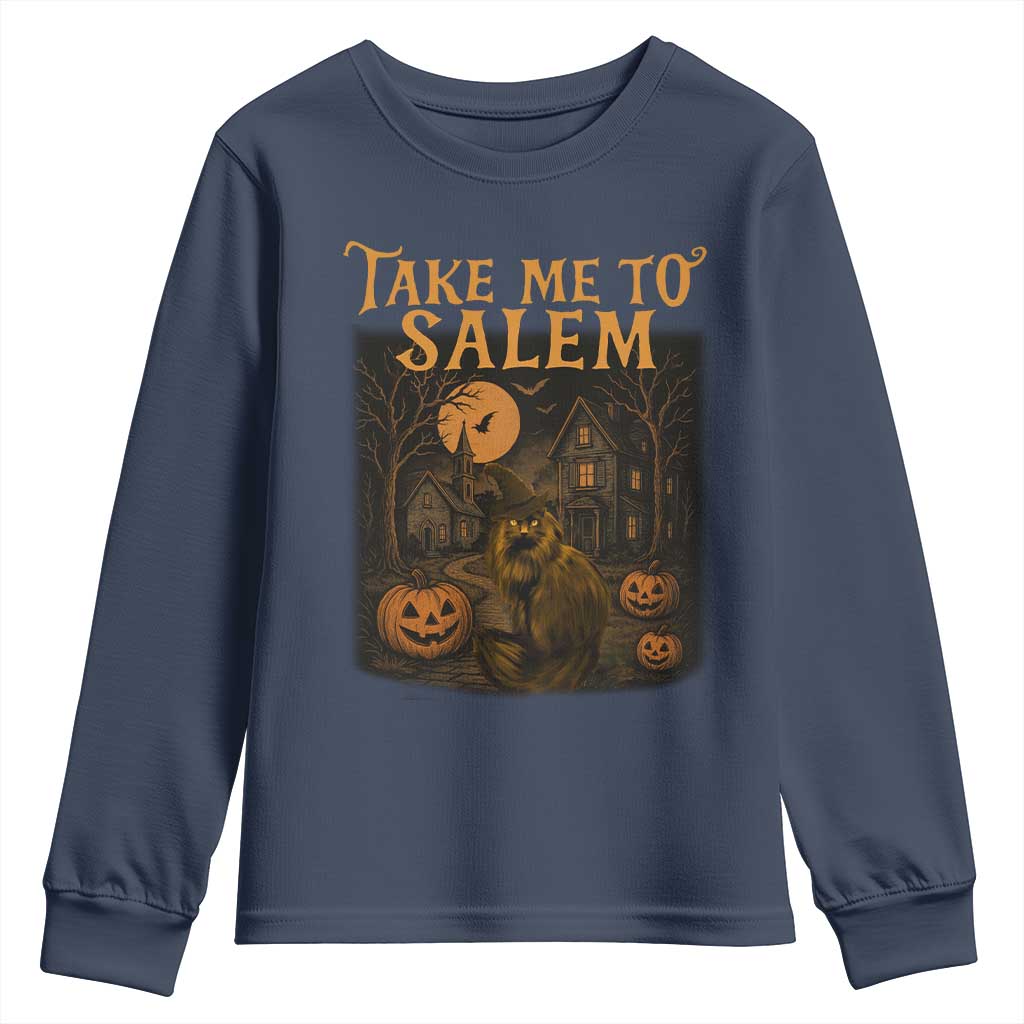 Take Me To Salem Youth Sweatshirt Halloween Witch Salem Trip Black Cat Spooky Season - Wonder Print Shop