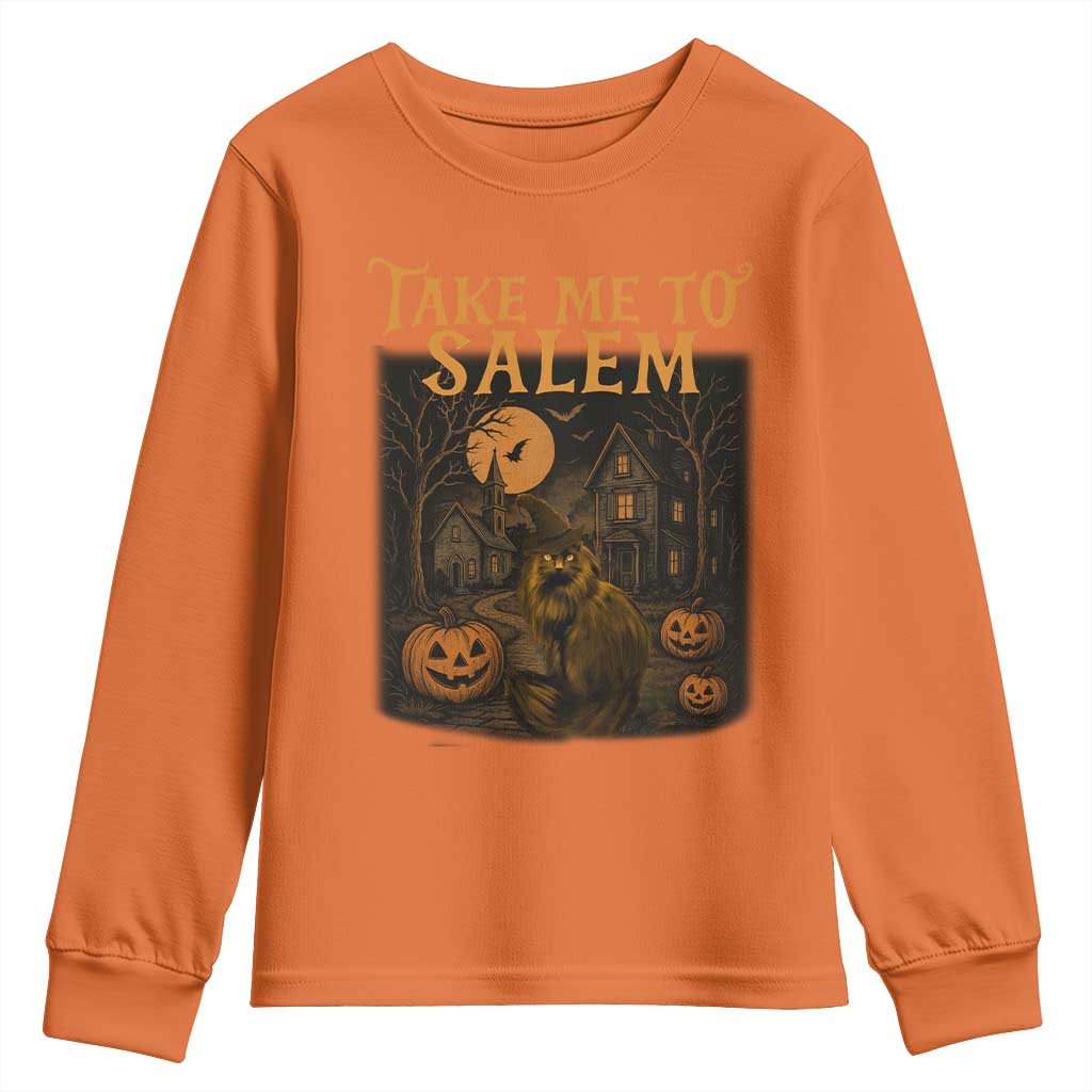 Take Me To Salem Youth Sweatshirt Halloween Witch Salem Trip Black Cat Spooky Season - Wonder Print Shop