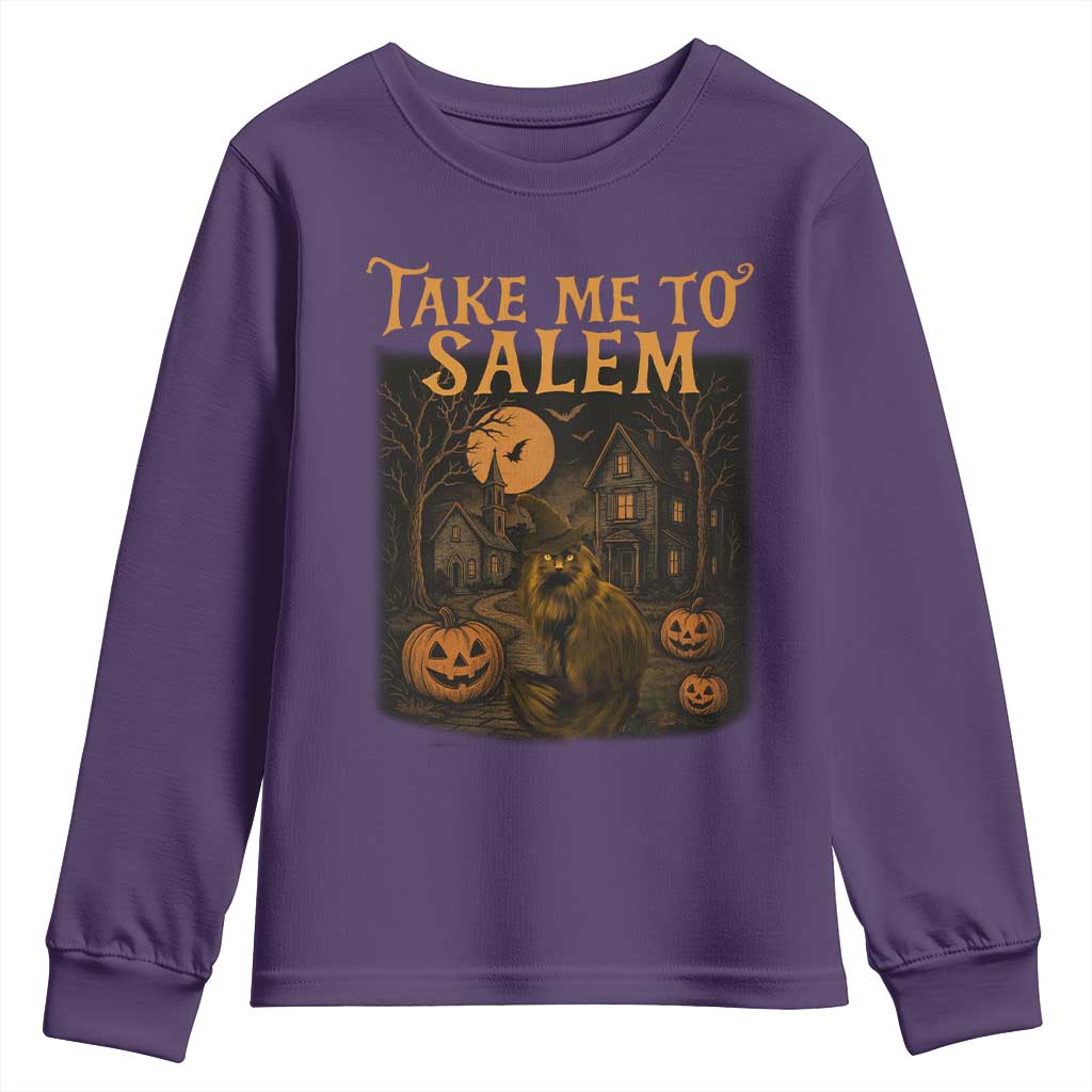 Take Me To Salem Youth Sweatshirt Halloween Witch Salem Trip Black Cat Spooky Season - Wonder Print Shop