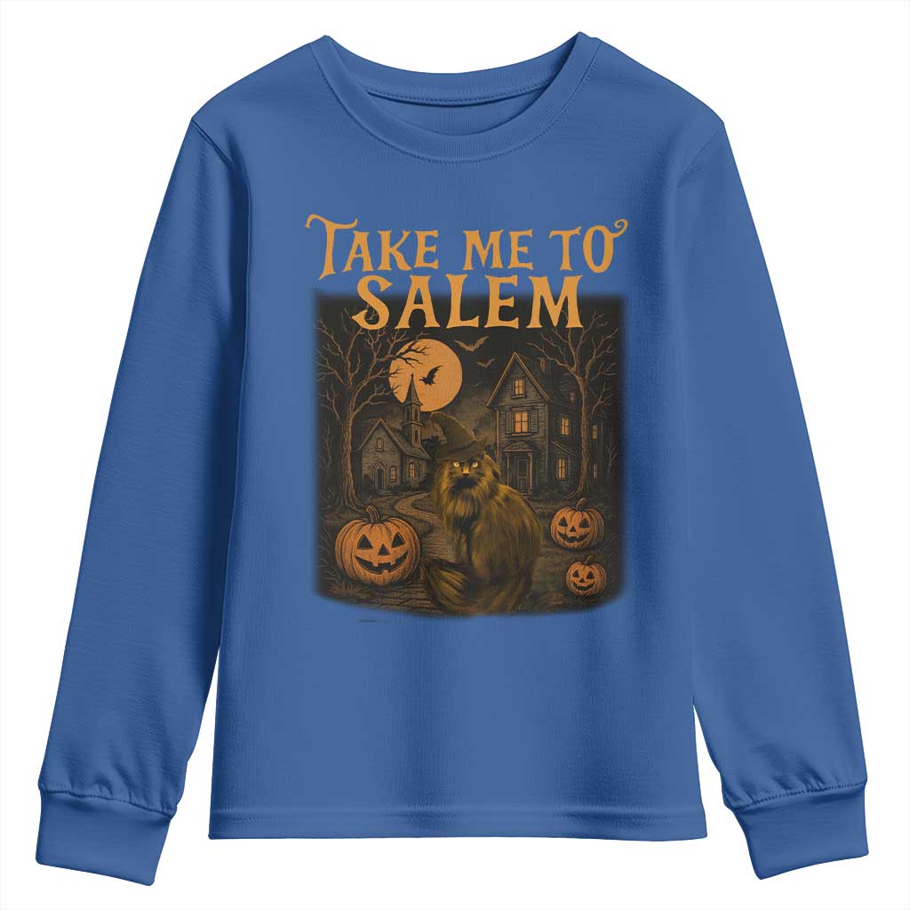 Take Me To Salem Youth Sweatshirt Halloween Witch Salem Trip Black Cat Spooky Season - Wonder Print Shop