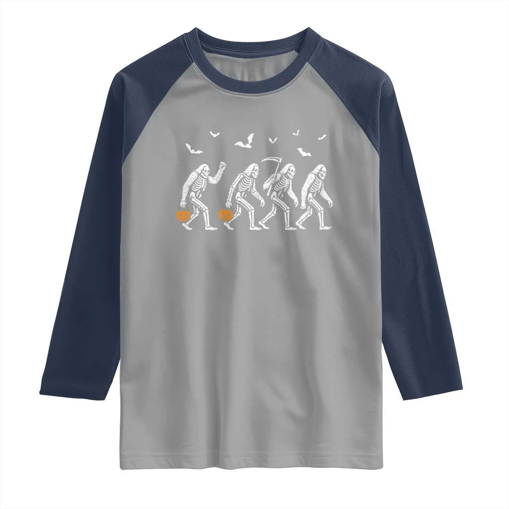Funny Halloween Bigfoot Raglan Shirt Skeleton Sasquatch Jack O Lantern - Wonder Print Shop