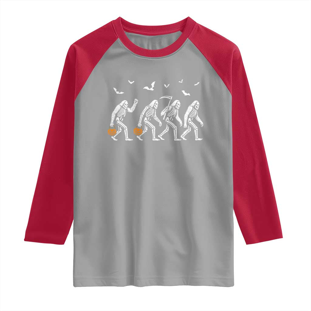 Funny Halloween Bigfoot Raglan Shirt Skeleton Sasquatch Jack O Lantern - Wonder Print Shop