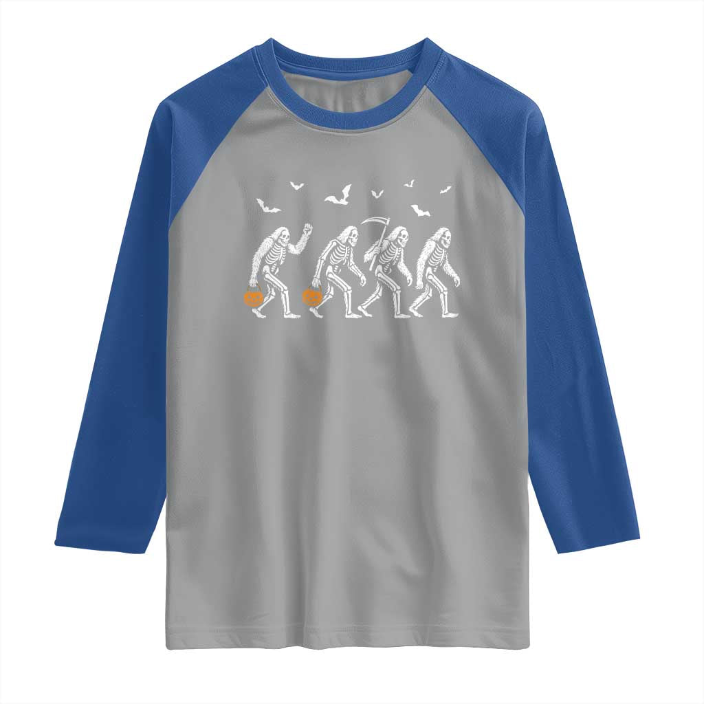 Funny Halloween Bigfoot Raglan Shirt Skeleton Sasquatch Jack O Lantern - Wonder Print Shop