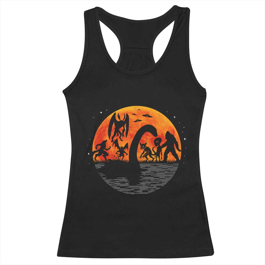 Funny Halloween Cryptid Folklore Bigfoot Alien Mothman Racerback Tank Top - Wonder Print Shop
