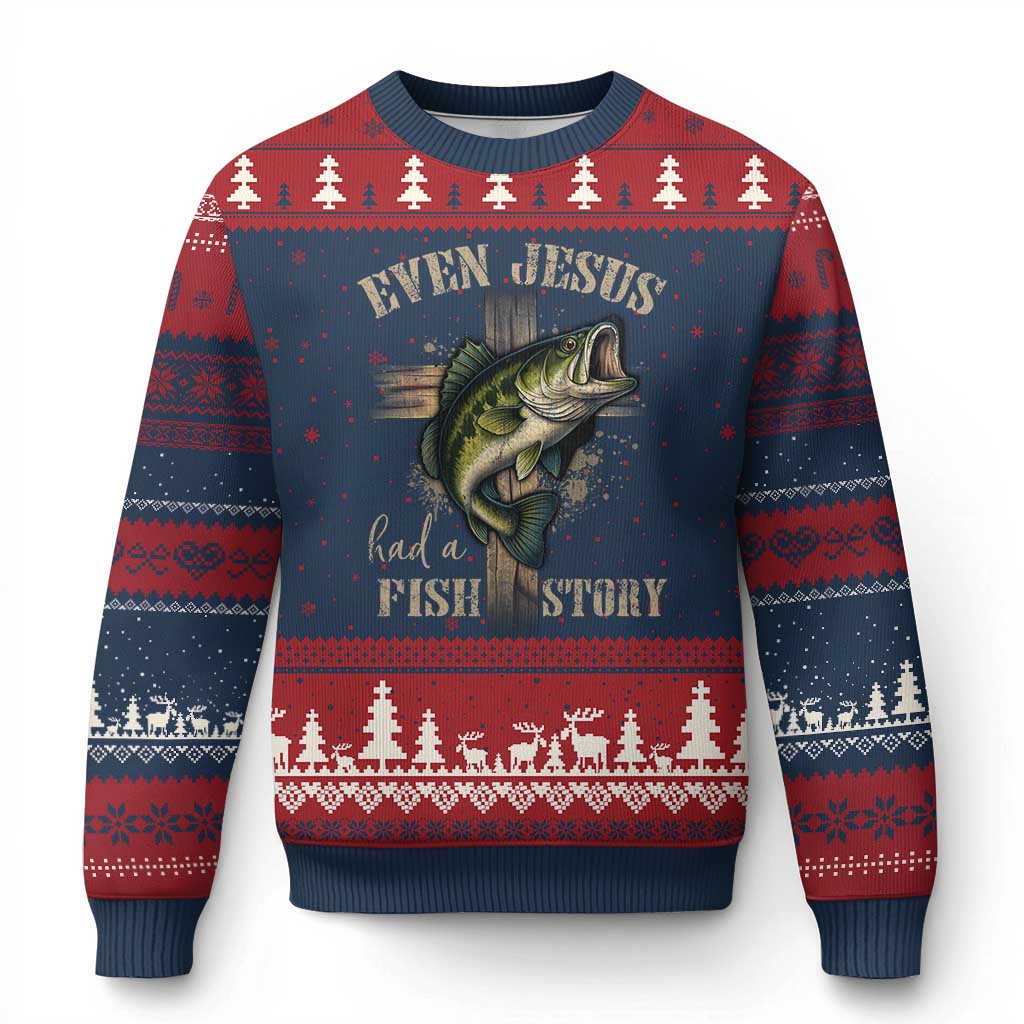 Even Jesus Had A Fish Story Ugly Christmas Sweater Funny Fishermen Christian Cross - Wonder Print Shop
