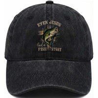 Even Jesus Had A Fish Story Washed Cotton Baseball Cap Funny Fishermen Christian Cross