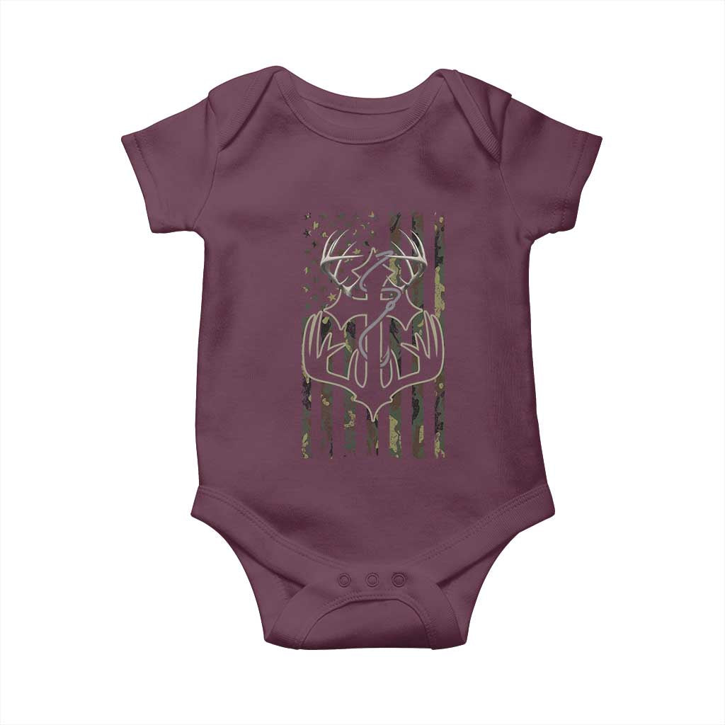 Faith Fishing Hunting Camo US Flag Cross With Hook Christian Baby Onesie - Wonder Print Shop