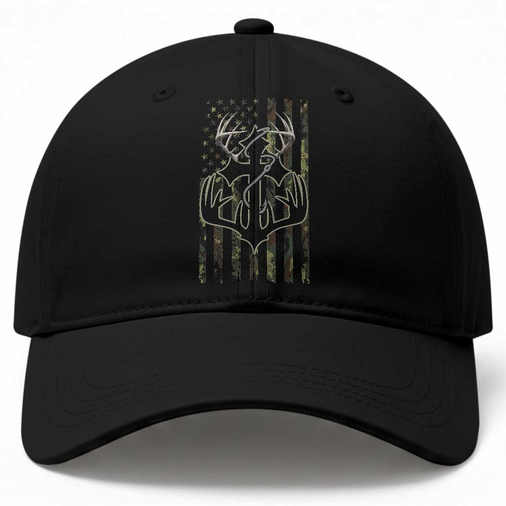 Faith Fishing Hunting Camo US Flag Cross With Hook Christian Baseball Cap