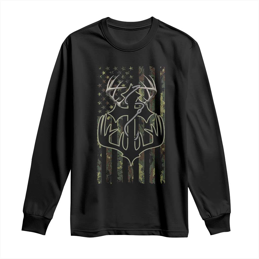 Faith Fishing Hunting Camo US Flag Cross With Hook Christian Long Sleeve Shirt - Wonder Print Shop