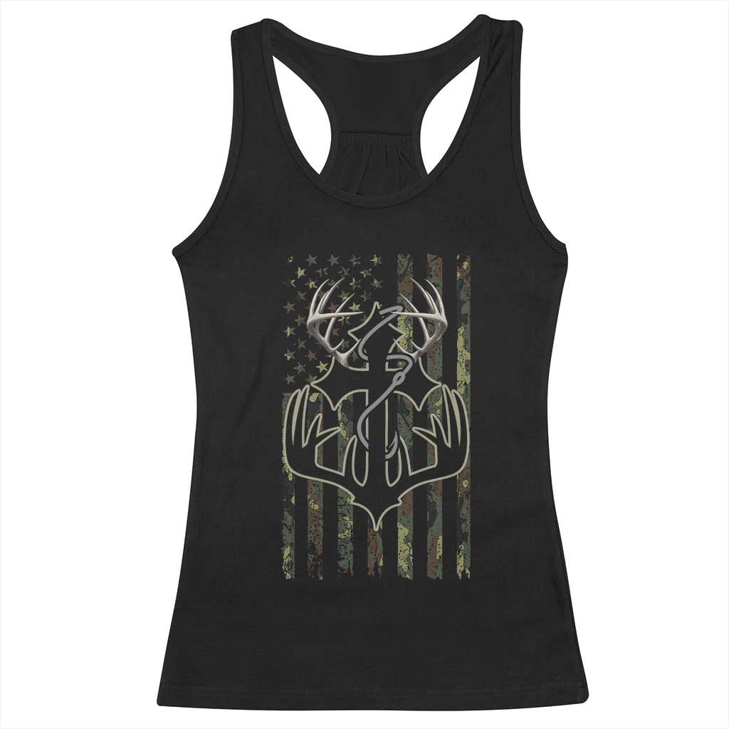 Faith Fishing Hunting Camo US Flag Cross With Hook Christian Racerback Tank Top - Wonder Print Shop
