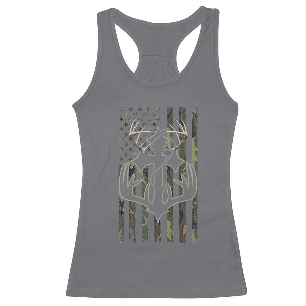 Faith Fishing Hunting Camo US Flag Cross With Hook Christian Racerback Tank Top - Wonder Print Shop