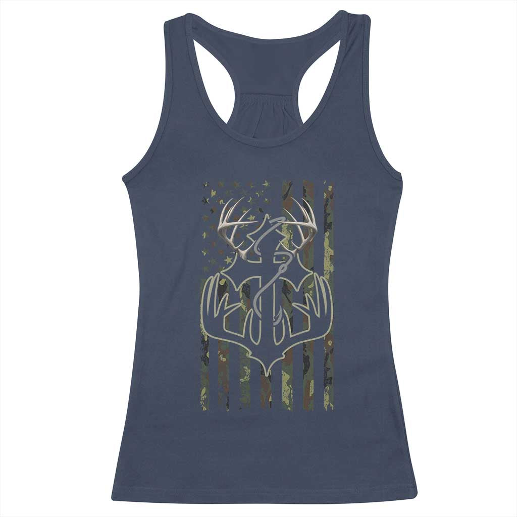 Faith Fishing Hunting Camo US Flag Cross With Hook Christian Racerback Tank Top - Wonder Print Shop