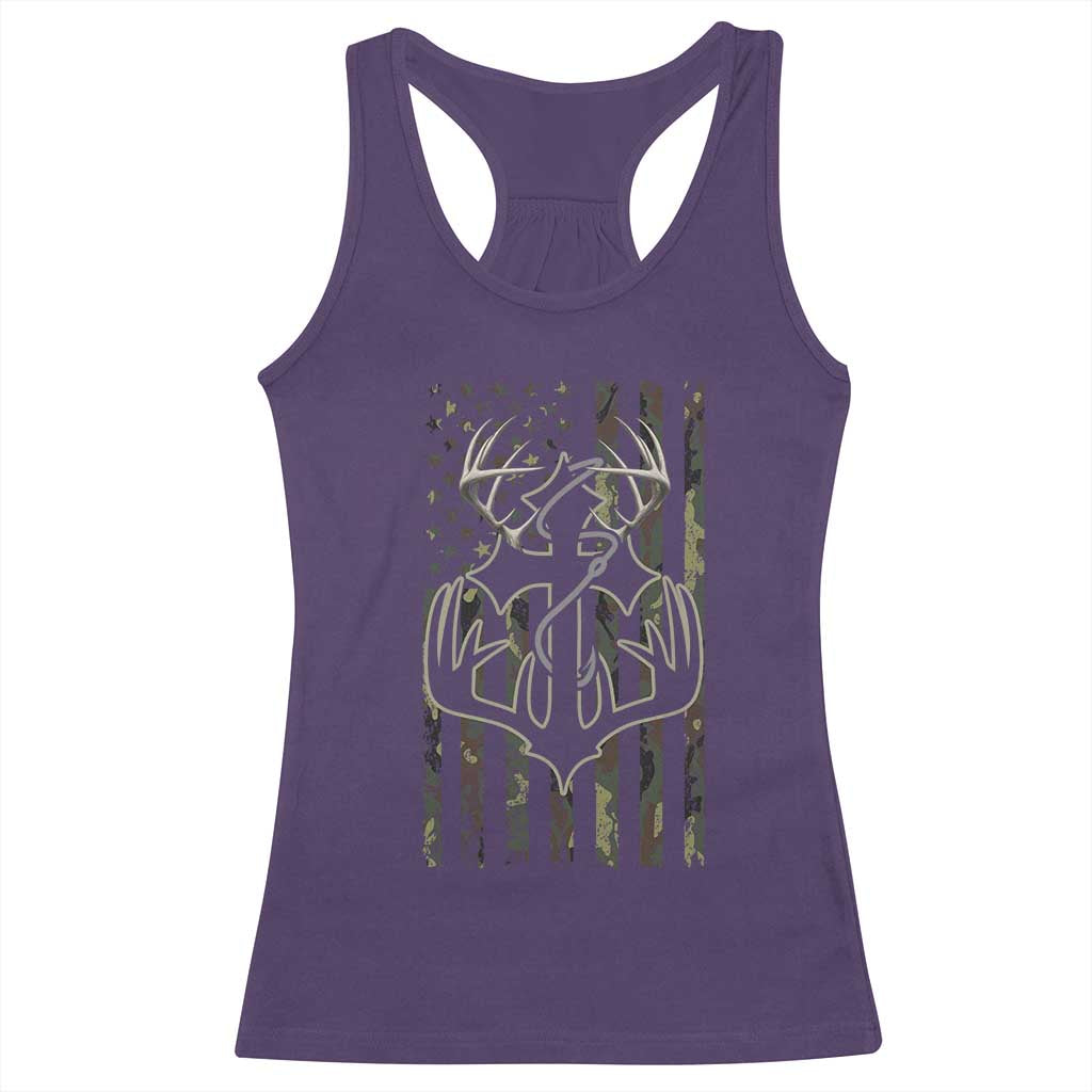 Faith Fishing Hunting Camo US Flag Cross With Hook Christian Racerback Tank Top - Wonder Print Shop
