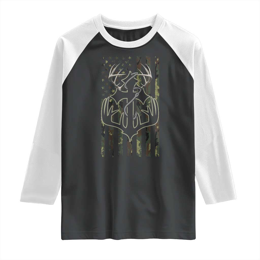 Faith Fishing Hunting Camo US Flag Cross With Hook Christian Raglan Shirt - Wonder Print Shop
