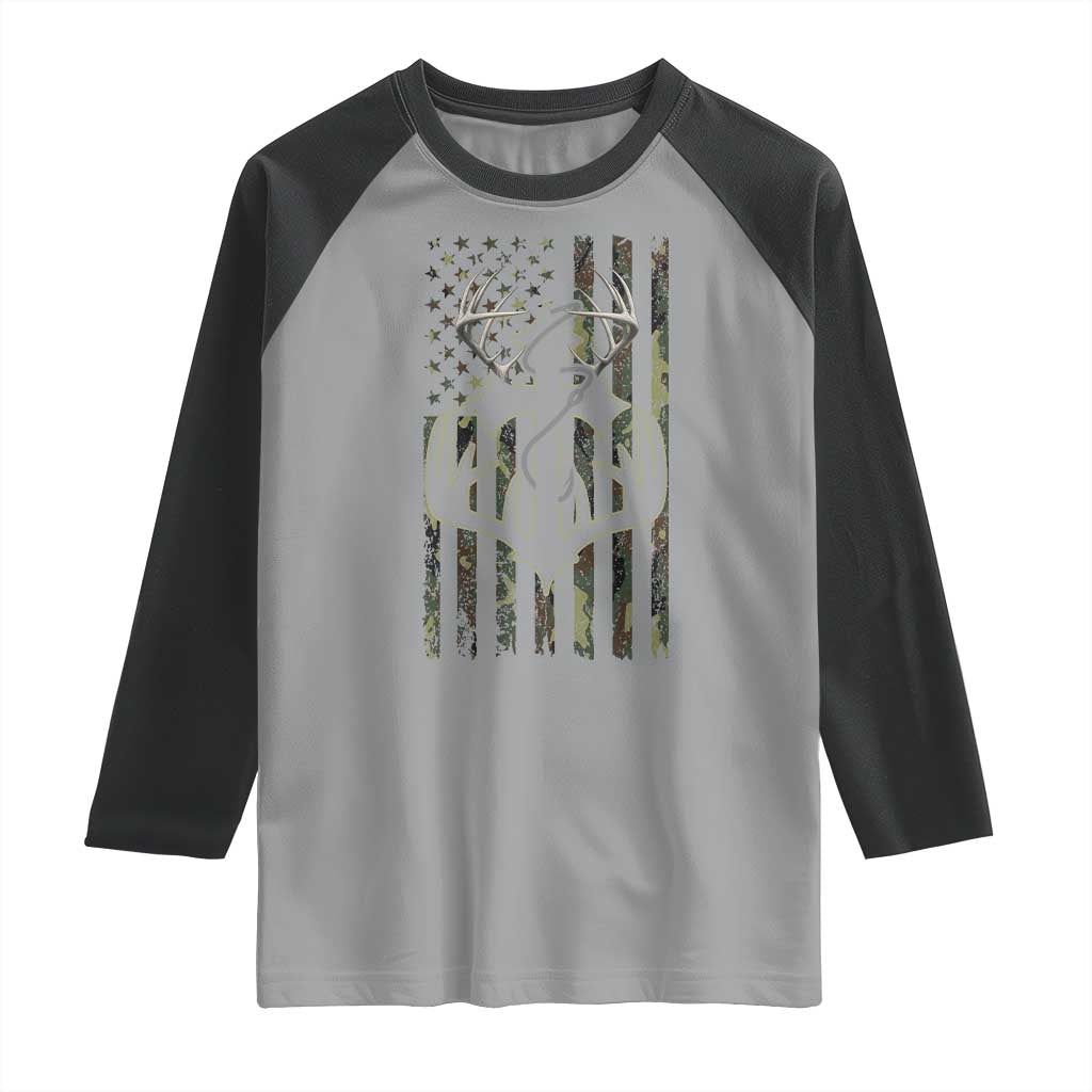 Faith Fishing Hunting Camo US Flag Cross With Hook Christian Raglan Shirt - Wonder Print Shop