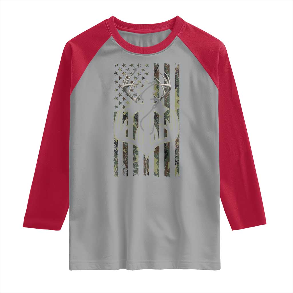 Faith Fishing Hunting Camo US Flag Cross With Hook Christian Raglan Shirt - Wonder Print Shop