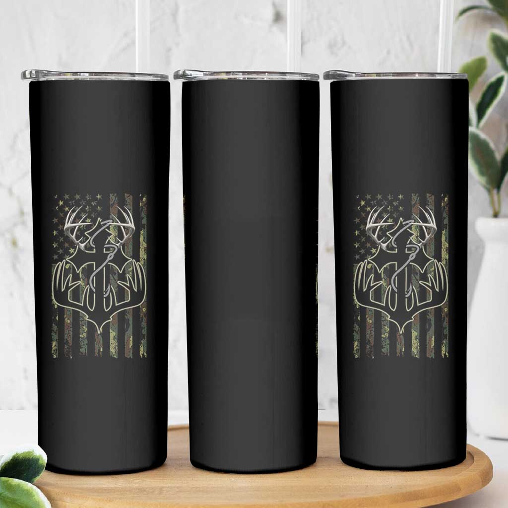Faith Fishing Hunting Camo US Flag Cross With Hook Christian Skinny Tumbler - Wonder Print Shop