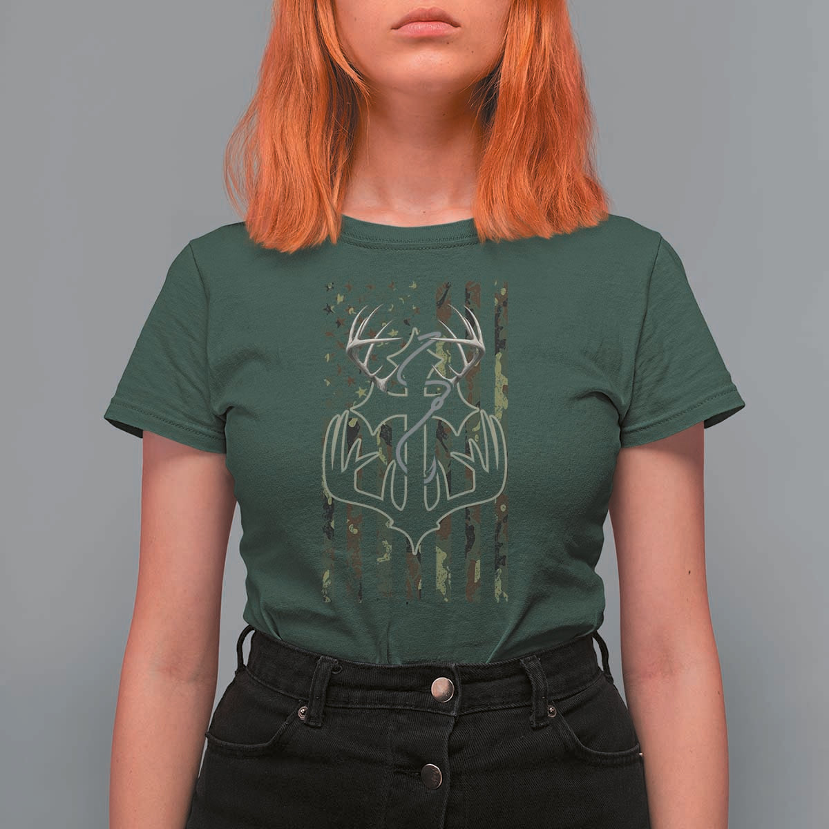 Faith Fishing Hunting Camo US Flag Cross With Hook Christian T Shirt For Women - Wonder Print Shop