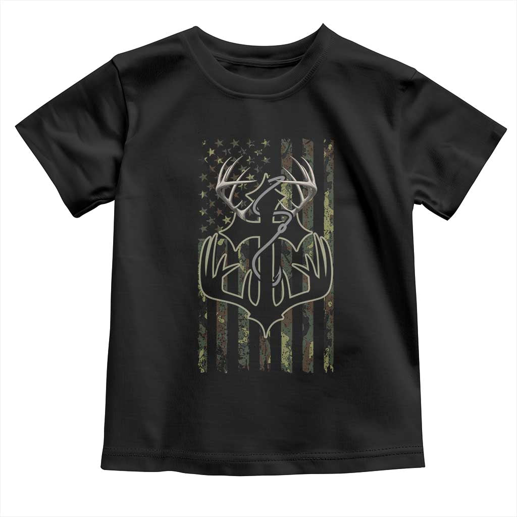 Faith Fishing Hunting Camo US Flag Cross With Hook Christian Toddler T Shirt - Wonder Print Shop