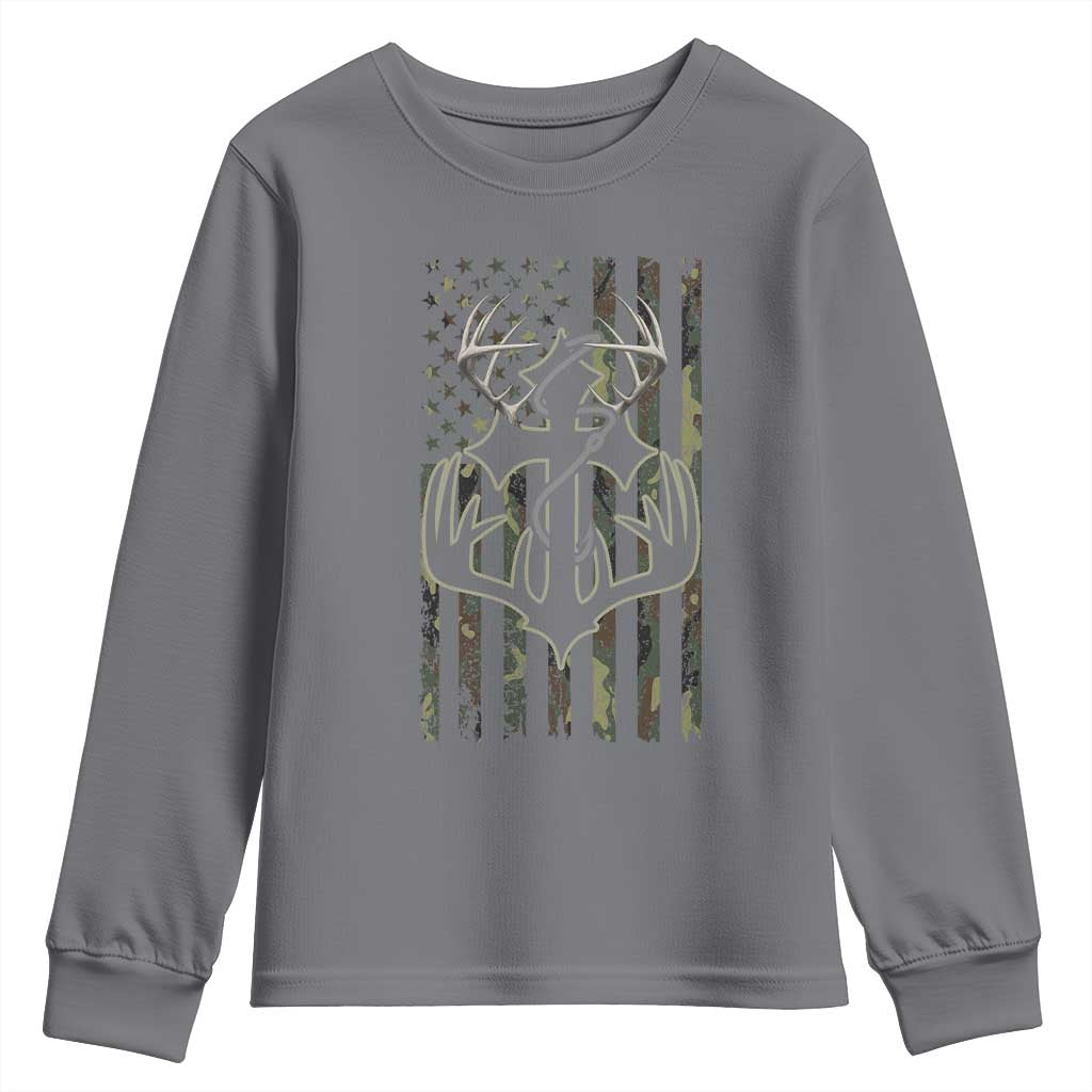 Faith Fishing Hunting Camo US Flag Cross With Hook Christian Youth Sweatshirt - Wonder Print Shop