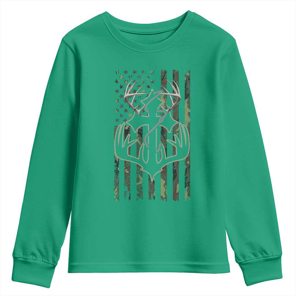 Faith Fishing Hunting Camo US Flag Cross With Hook Christian Youth Sweatshirt - Wonder Print Shop