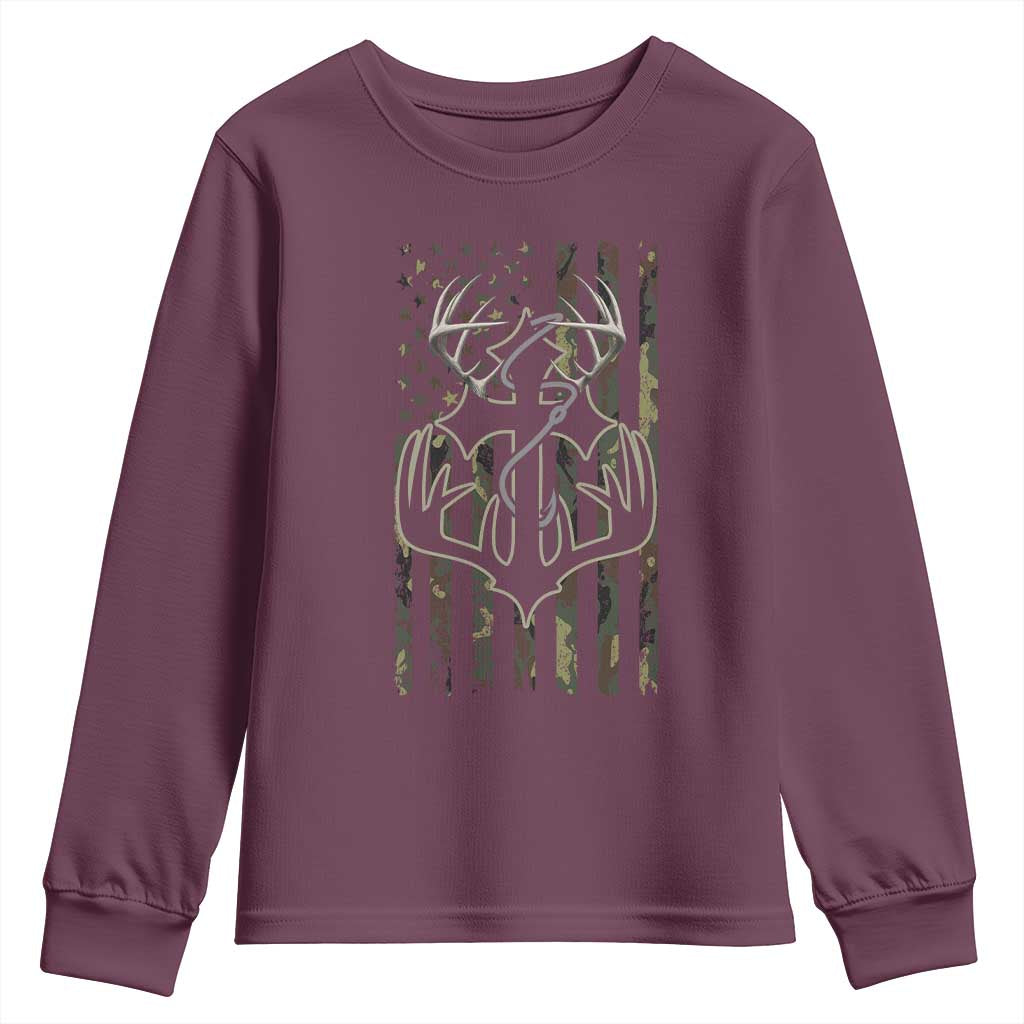 Faith Fishing Hunting Camo US Flag Cross With Hook Christian Youth Sweatshirt - Wonder Print Shop