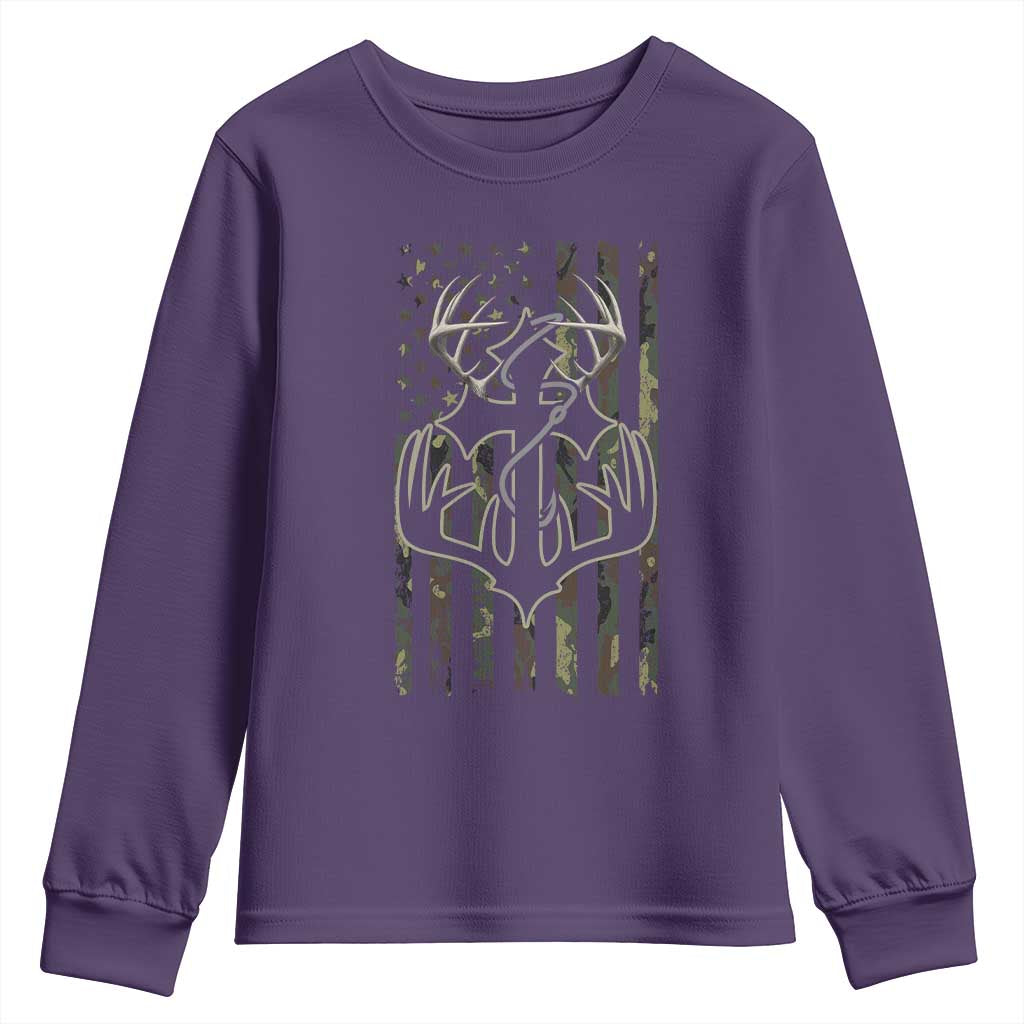 Faith Fishing Hunting Camo US Flag Cross With Hook Christian Youth Sweatshirt - Wonder Print Shop