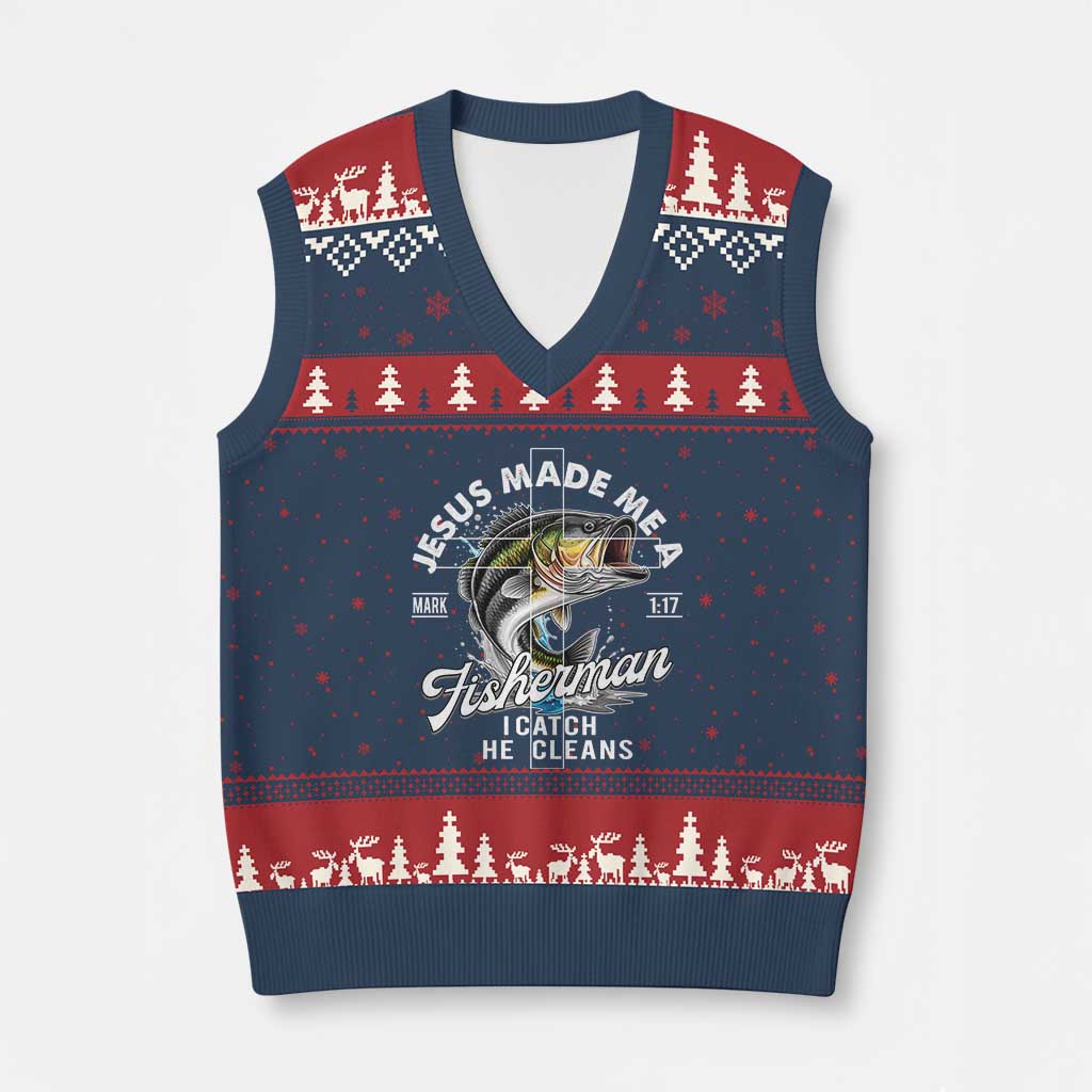Jesus Made Me A Fisherman I Catch He Cleans V-Neck Knit Sweater Vest Christian Fisher - Wonder Print Shop