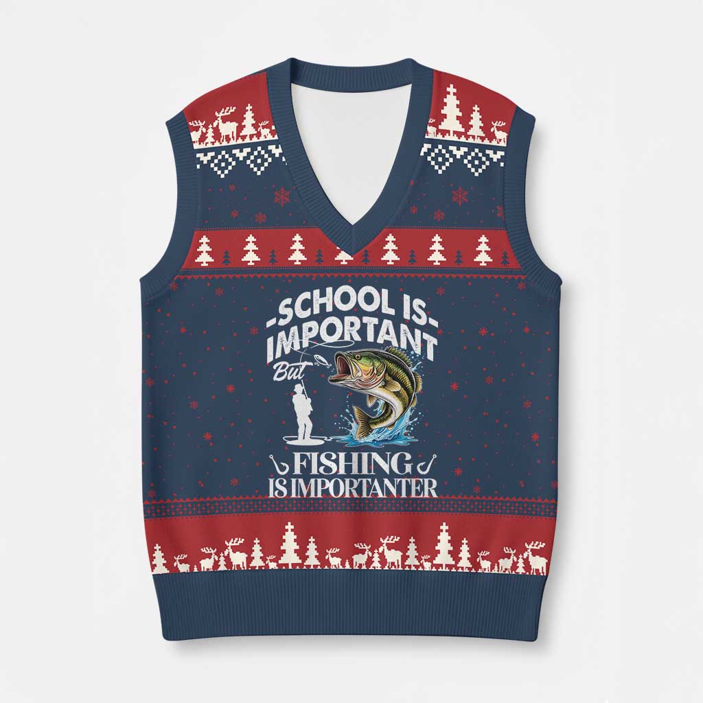 Funny School Is Important But Fishing Is Importanter V-Neck Knit Sweater Vest Fishing Lover - Wonder Print Shop