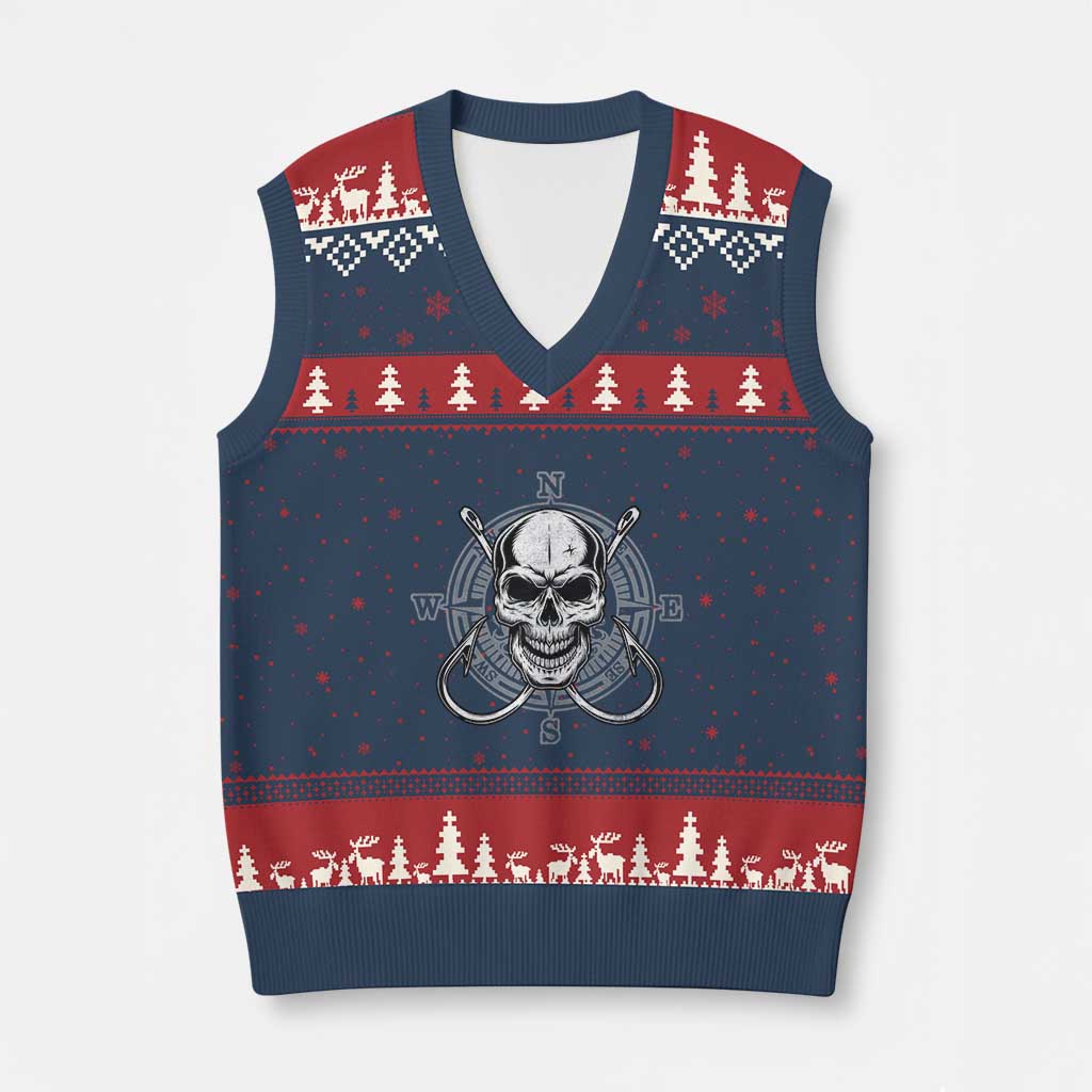 Funny Fishing Lover V-Neck Knit Sweater Vest Pirate Skull Fishing Hook Compass - Wonder Print Shop