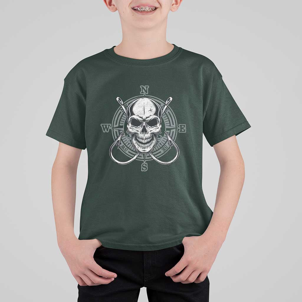 Funny Fishing Lover T Shirt For Kid Pirate Skull Fishing Hook Compass - Wonder Print Shop