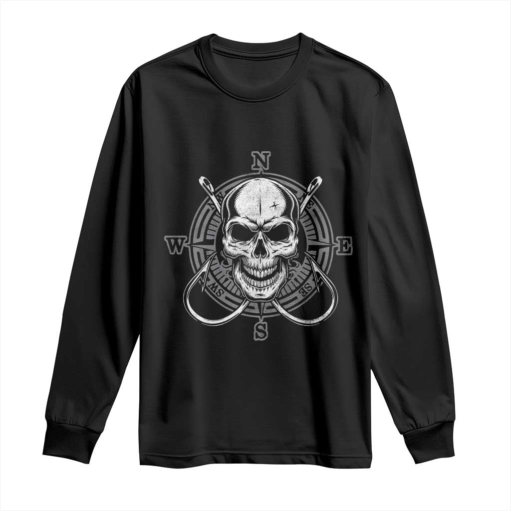 Funny Fishing Lover Long Sleeve Shirt Pirate Skull Fishing Hook Compass - Wonder Print Shop