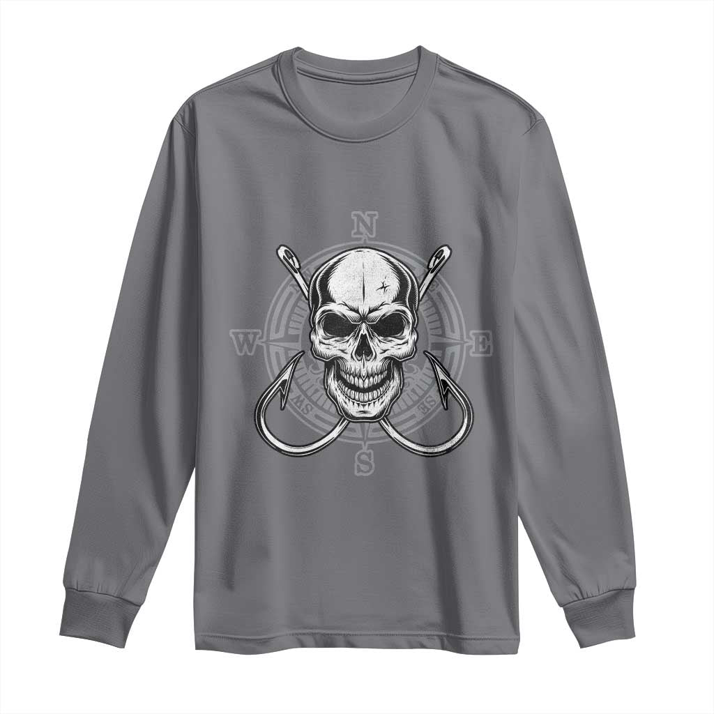 Funny Fishing Lover Long Sleeve Shirt Pirate Skull Fishing Hook Compass - Wonder Print Shop
