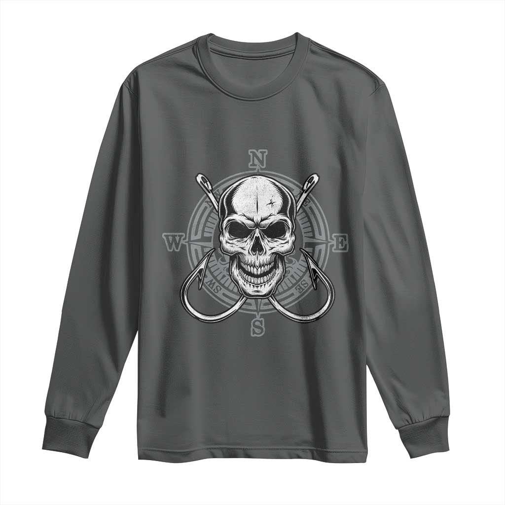 Funny Fishing Lover Long Sleeve Shirt Pirate Skull Fishing Hook Compass - Wonder Print Shop