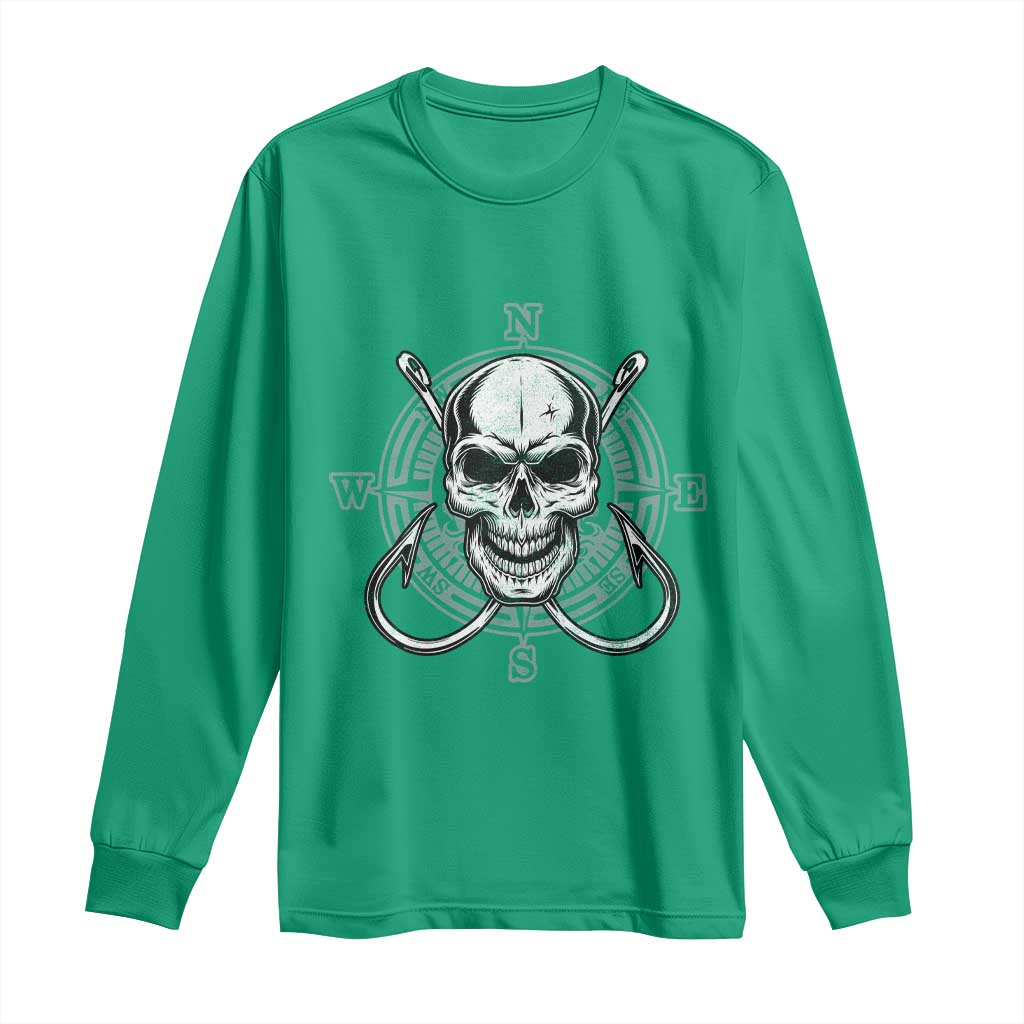 Funny Fishing Lover Long Sleeve Shirt Pirate Skull Fishing Hook Compass - Wonder Print Shop
