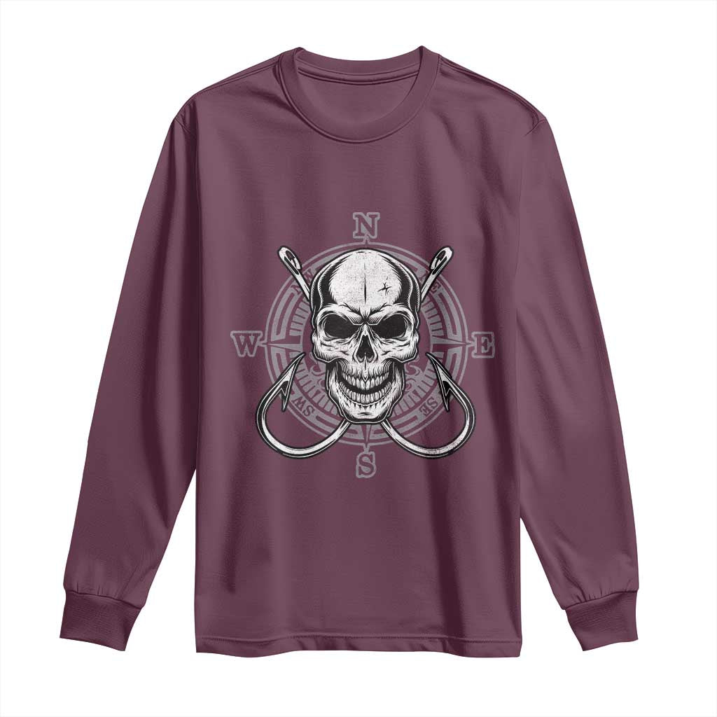 Funny Fishing Lover Long Sleeve Shirt Pirate Skull Fishing Hook Compass - Wonder Print Shop