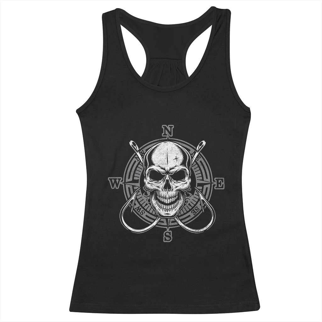 Funny Fishing Lover Racerback Tank Top Pirate Skull Fishing Hook Compass - Wonder Print Shop