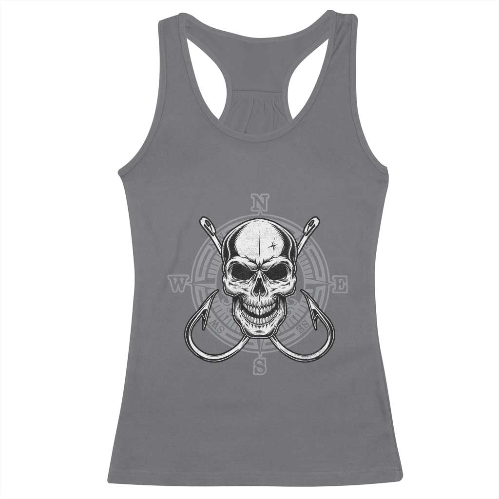 Funny Fishing Lover Racerback Tank Top Pirate Skull Fishing Hook Compass - Wonder Print Shop