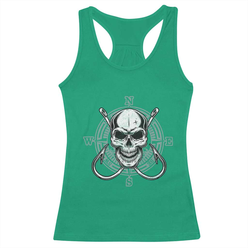 Funny Fishing Lover Racerback Tank Top Pirate Skull Fishing Hook Compass - Wonder Print Shop